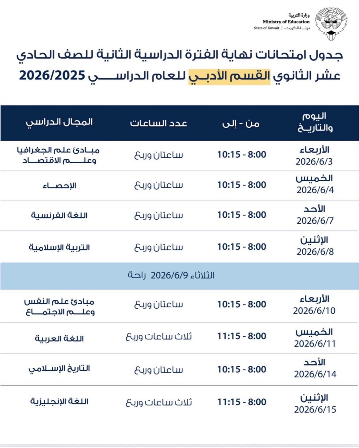 جدول امتحانات الثانوية العامة 2026 الصف الثاني عشر والأدبي