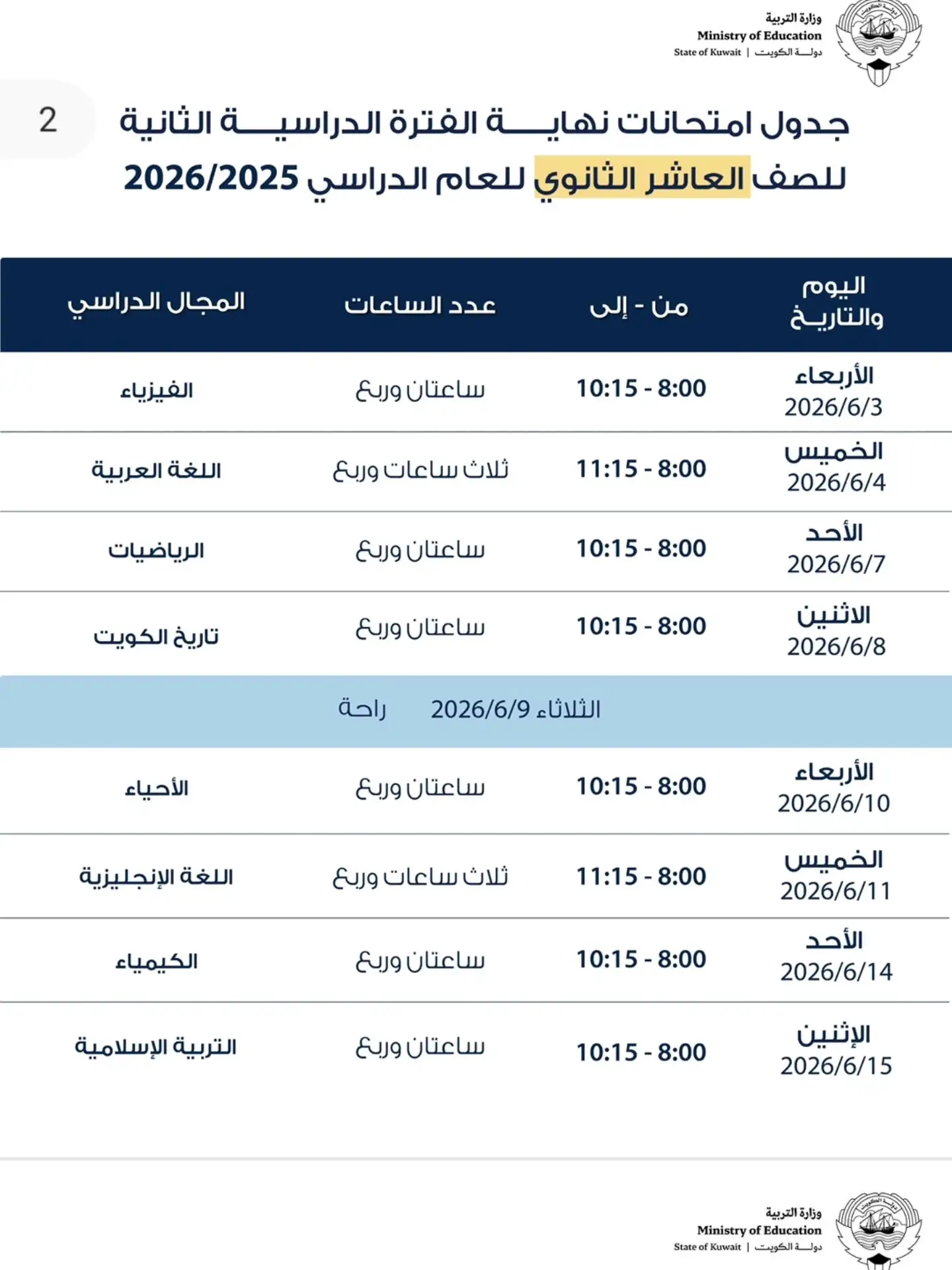 جدول امتحانات الثانوية العامة 2026 الصف العاشر الفصل الثاني